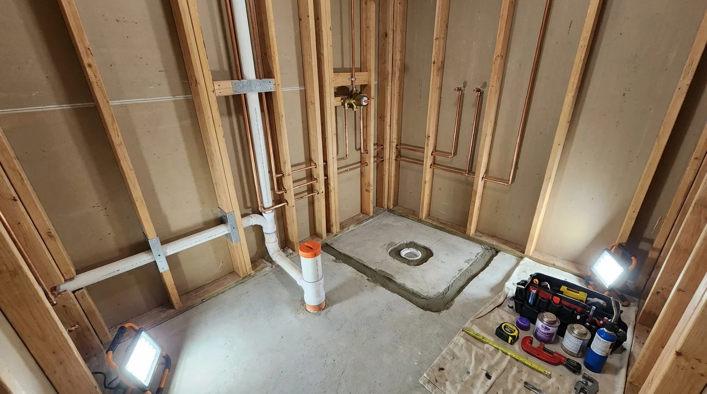 Bathroom rough-in plumbing during remodel by Johns Plumbing LLC in Hornell