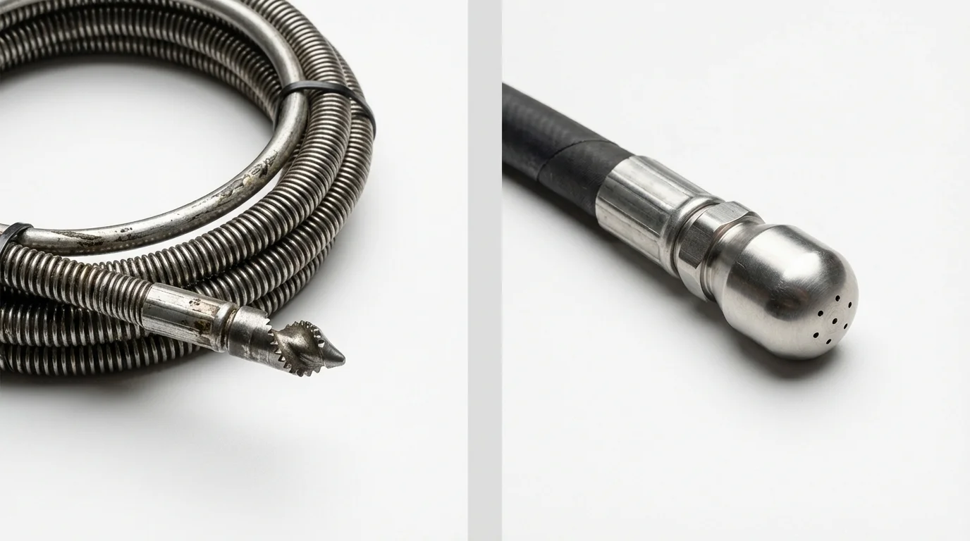 Drain snake cable and hydro jetting nozzle used for drain cleaning in Hornell, NY