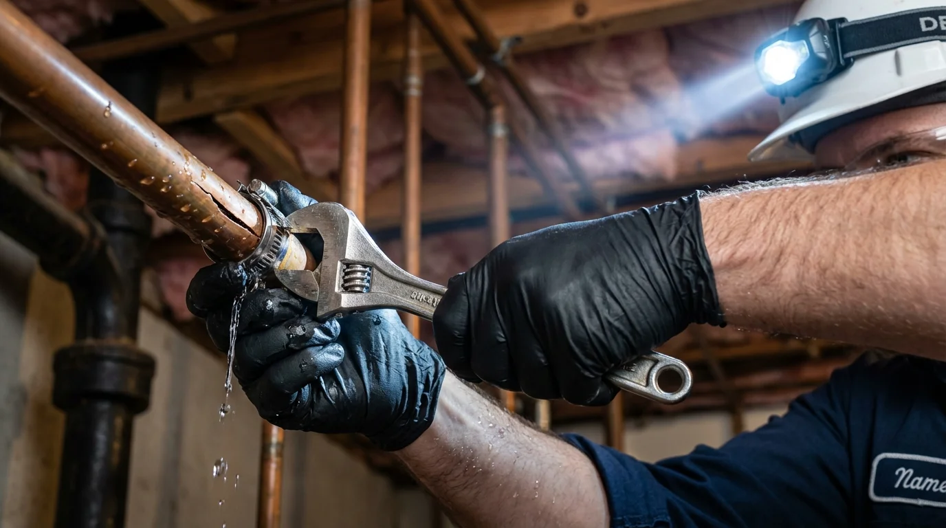 Emergency pipe clamp repair being performed by a Johns Plumbing LLC plumber in Hornell