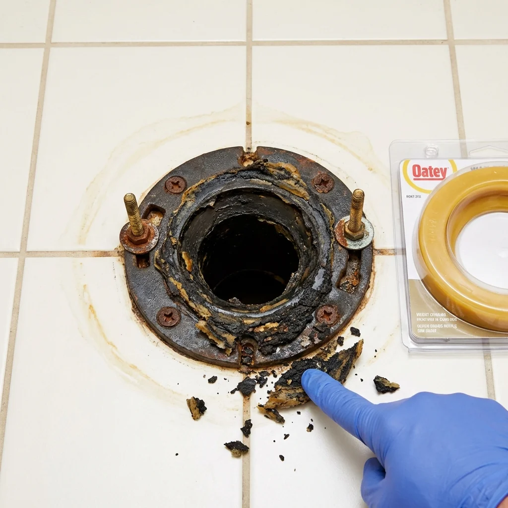 Failed wax ring showing water seepage at the base of a toilet in a Hornell, NY home