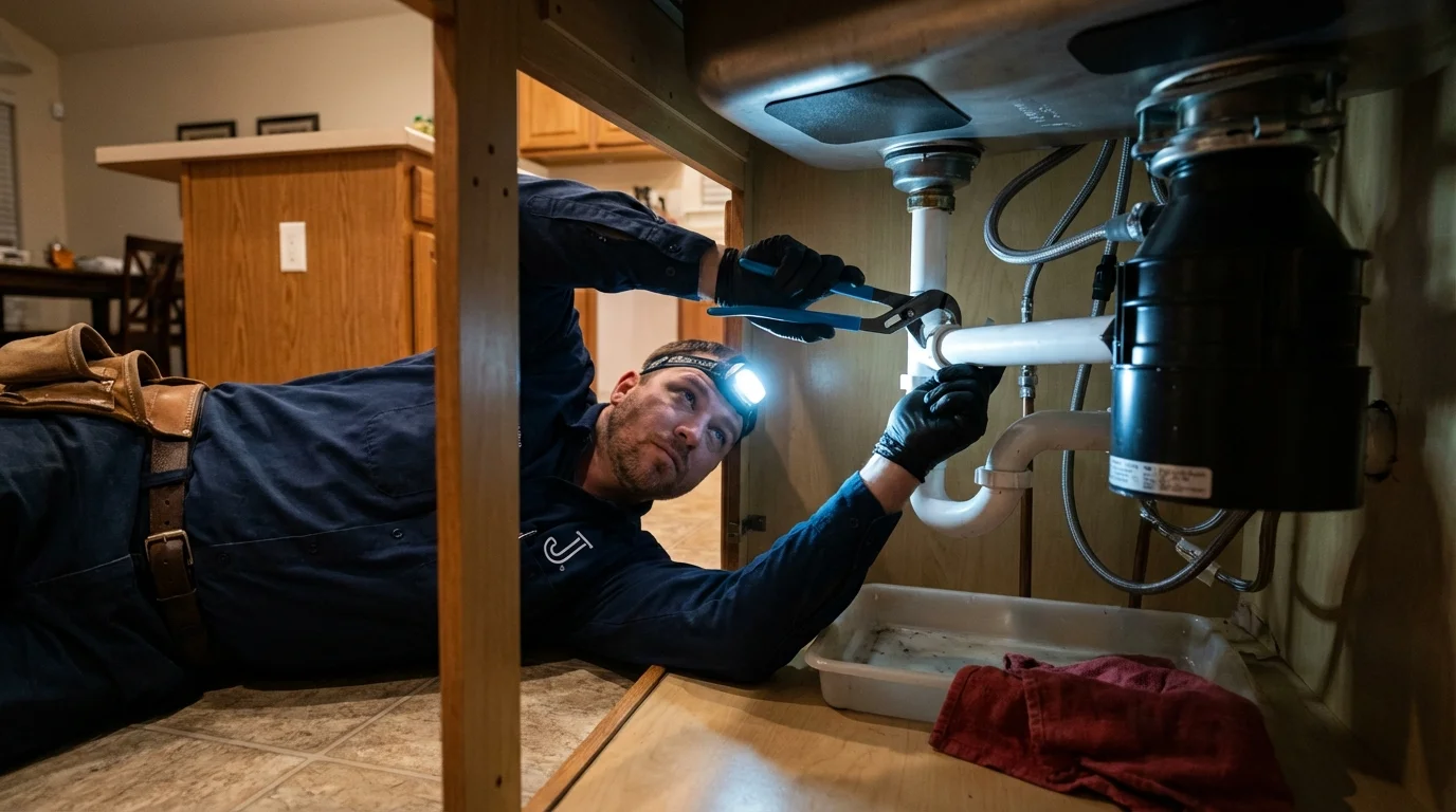 P-trap and supply line connections under a kitchen sink showing a common leak point in Hornell, NY